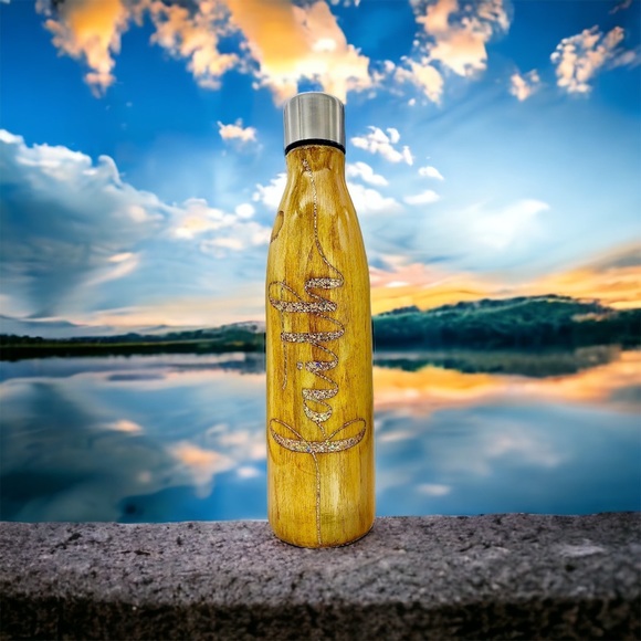 Faith 17oz water bottle, hand painted wood grain, gold & gemstone glitter inlays - Picture 10 of 12